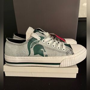 MSU Spartans Green and White, Silver Glitter Sneakers
